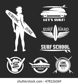 Surfing related labels set. Design elements for t-shirt designs prints and posters. Vector vintage illustration.