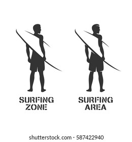 Surfing related wall art stencil. Surfer silhouette with surfboard. Negative space print. Surfing zone and area text. Vector vintage illustration.