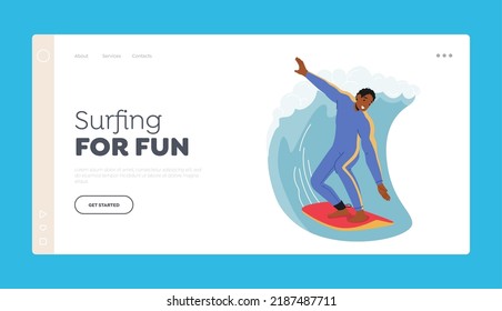 Surfing Relax in Ocean Landing Page Template. Young Man Surfer in Swim Wear Keep Balance on Board Riding Big Sea Wave. Character Summertime Active Life in Exotic Country. Cartoon Vector Illustration