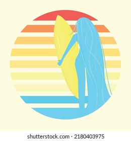 Surfing and relaxing in the ocean and on the beach. People with a surfboard. Template Vector illustration for printing on T-shirts and prints
