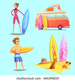 Surfing retro cartoon 2x2 icons set with surfers bus and surfboards on beach flat retro cartoon isolated vector illustration