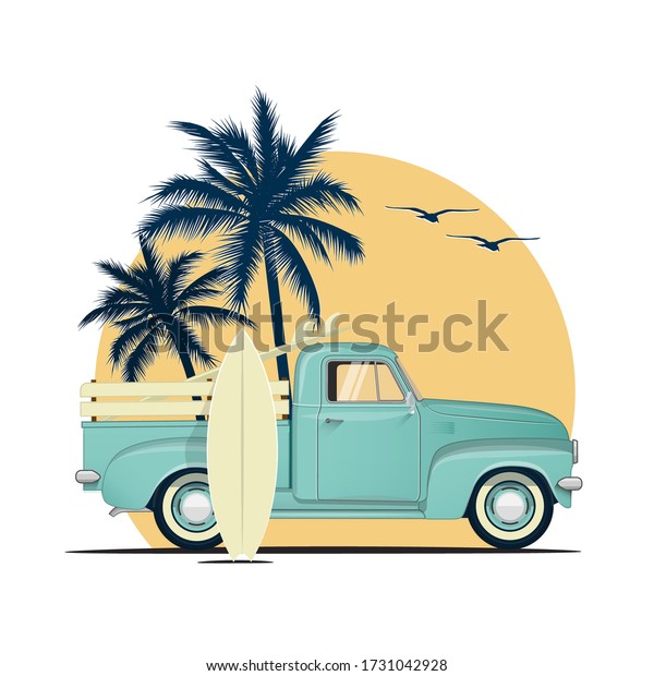 Surfing retro pick up truck with surf boards on\
sunset with palm silhouettes. Summer vacation or summer party\
themed vector illustration for flyer or poster or t-shirt\
design.