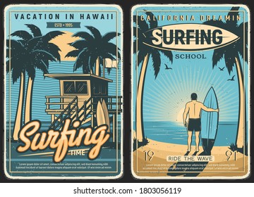 Surfing retro poster, surf beach summer and surfer with surfboard, vector. Tropical California and Hawaii ocean waves, sea, sun and palms, surfing school and summer vacations, car van at island sunset