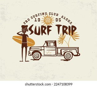 surfing retro vintage print design with typography, summer beach print design, men with surfing board and car vector illustration