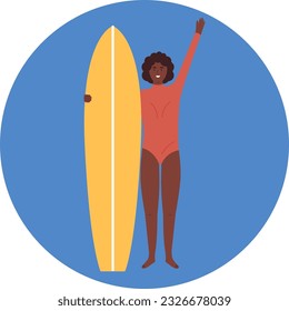 Surfing round emblem with african american Woman. Girl surfer in swimwear stand and hold on surfboard. Summer active sport. Vector illustration in flat cartoon style