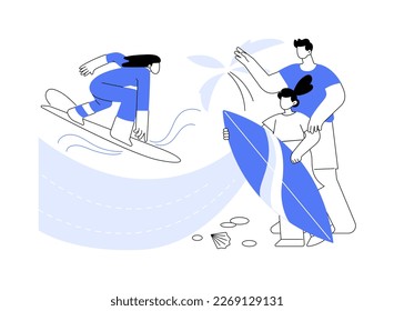 Surfing school abstract concept vector illustration. Surfing week program for children, safe spot, certified instructor, surfboard and wetsuit rental, school camp accommodation abstract metaphor.