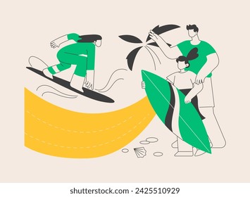 Surfing school abstract concept vector illustration. Surfing week program for children, safe spot, certified instructor, surfboard and wetsuit rental, school camp accommodation abstract metaphor.