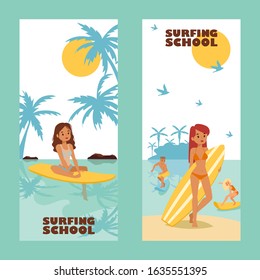 Surfing school advertising banner, vector illustration. Active summertime leisure, attractive girl with surfboard, cartoon character. Vacation on tropical island, young surfers, fun activity promotion