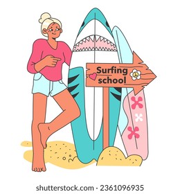 Surfing school. Character in a swimsuit spending time on the beach. Coach holding a surfboard, welcoming new learners. Popular extreme sport, recreation or activity. Flat vector illustration