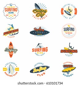 Surfing school or club signs and badges set. Templates, cliparts and elements for surfing logo or advertising flyers and posters. Isolated on white background. Vector illustration