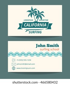 Surfing school instructor card template. Banner with wave ocean, vector illustration