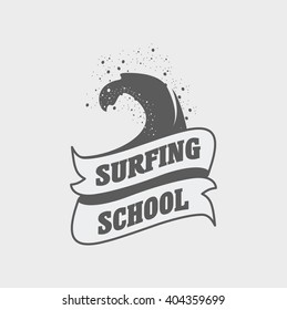 Surfing school logo, label or sign design template with wave and ribbon