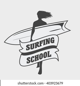 Surfing school logo or label template with girl with surfboard. Can be used for t-shirt, sticker, business card