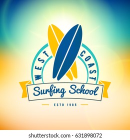 Surfing school and rental summer badge. Typographic retro style label with textured background. Rental or travel agency concept. Vector illustration