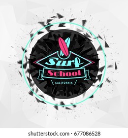 Surfing school and rental summer badge. Typographic retro style label with textured background. Rental or travel agency concept. Vector illustration