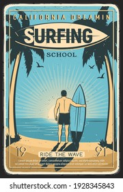 Surfing school retro poster. Surfer with surfboard standing near vintage van on tropical beach, ocean shore or California coastline and looking on sunset engraving vector. Surfing lessons retro banner