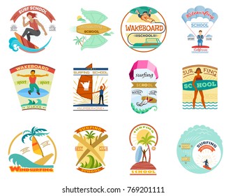 Surfing school vector set surfboard wakeboard windsurfing emblems surf badges labels and surfer wave water sport logo illustration isolated on white background