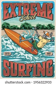 Surfing School Vintage Colorful Poster With Skeleton Surfer Riding Ocean Wave On Tropical Beach Landscape Vector Illustration