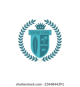 Surfing school vintage emblem, badge, label or logo vector illustration. Vintage surfing logo, emblem, badge, label, mark. International surfing day card