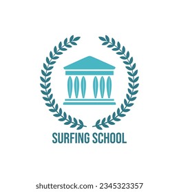 Surfing school vintage emblem, badge, label or logo vector illustration. Vintage surfing logo, emblem, badge, label, mark. International surfing day card.