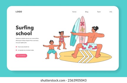Surfing school web banner or landing page. Character in a swimsuit spending time on the beach. Male coach teaching kids to surf. Popular extreme sport, recreation or activity. Flat vector illustration