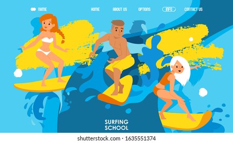 Surfing school website design, vector illustration. Landing page template in colorful cartoon style, attractive boys and girls riding waves on surfboards. Young surfer character, active summer sport