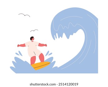 Surfeando en el mar con grandes olas, deportes acuáticos, actividades al aire libre, Ilustración vectorial deportiva extrema.