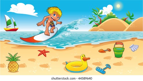 Surfing in the sea. Funny cartoon and vector illustration.