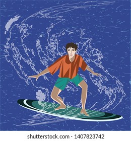 Surfing - sea, wave, man on a surfboard - flat style - vector