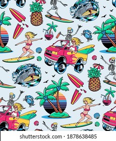 Surfing Seamless Pattern with Crazy Skeleton and Blondie Girl. Vector Illustration.