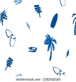 Surfing seamless pattern. Dinosaur, surfboard, palm tree vector print. Fun t-shirt design.Vector illustration design for fashion fabrics, textile graphics, print.