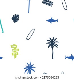 Surfing seamless pattern. Shark, surfboard, palm tree vector print. Fun t-shirt design.Vector illustration design for fashion fabrics, textile graphics, print.