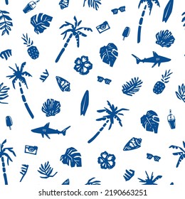 Surfing seamless pattern. Shark, surfboard, palm tree,pineapple,ice cream,tropical leaf vector print. Fun t-shirt design.Vector illustration design for fashion fabrics, textile graphics, print.