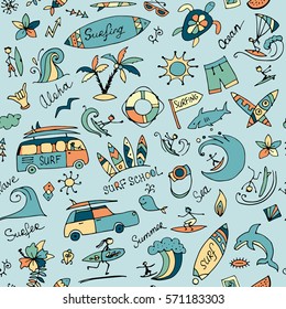 Surfing seamless pattern, sketch for your design