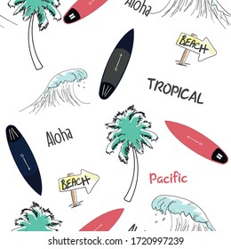 Surfing seamless pattern. Surfboards palm trees, waves and slogan texts. Trend for fashion prints. Vector illustration.
