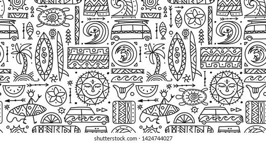 Surfing seamless pattern. Tribal elements for your design