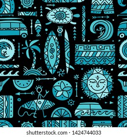 Surfing seamless pattern. Tribal elements for your design