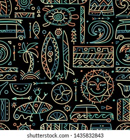Surfing seamless pattern. Tribal elements for your design
