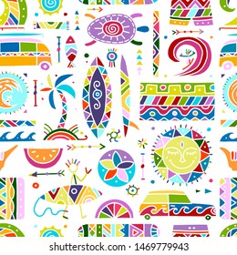 Surfing seamless pattern. Tribal elements for your design