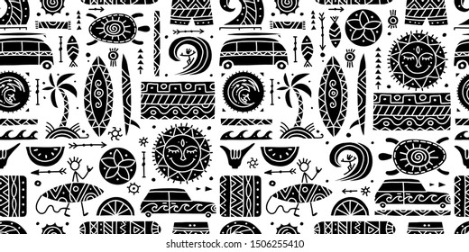 Surfing seamless pattern. Tribal elements for your design