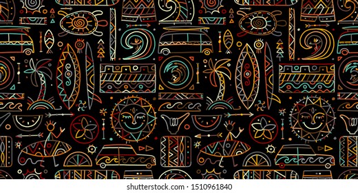 Surfing seamless pattern. Tribal elements for your design