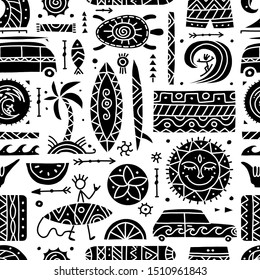 Surfing seamless pattern. Tribal elements for your design