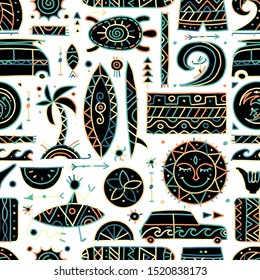 Surfing seamless pattern. Tribal elements for your design. Vector illustration