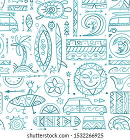 Surfing seamless pattern. Tribal elements for your design. Vector illustration