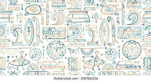 Surfing seamless pattern. Tribal elements for your design. Vector illustration