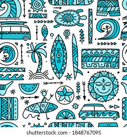 Surfing seamless pattern. Tribal elements for your design. Vector illustration