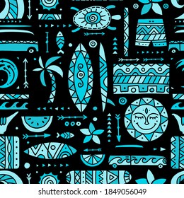 Surfing seamless pattern. Tribal elements for your design. Vector illustration