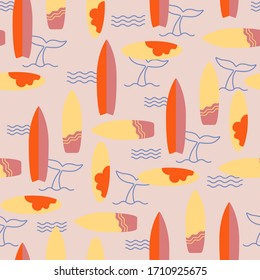 Surfing seamless pattern with various surfing boards and whale tail. Summer vector illustration.