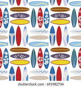 Surfing seamless pattern with various surfing boards. Summer vector illustration. 