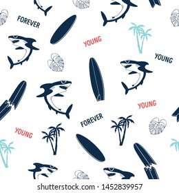 Surfing seamless pattern.Shark,surfboard, palm drawing.Fun t-shirt design for kids. Fashion fabrics, textile graphics, vector print.